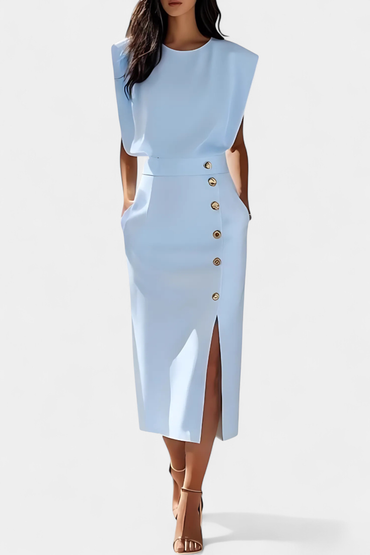 Vestido Midi Ceecee con Mangas Largas y Botones Decorativos