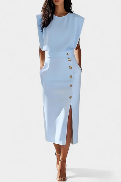 Vestido Midi Ceecee con Mangas Largas y Botones Decorativos