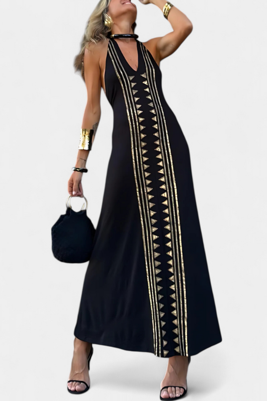 Vestido Largo Dulce con Espalda Abierta y Estampado Dorado