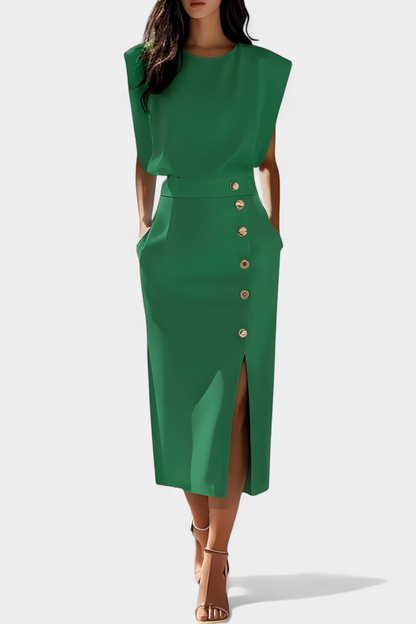 Vestido Midi Ceecee con Mangas Largas y Botones Decorativos