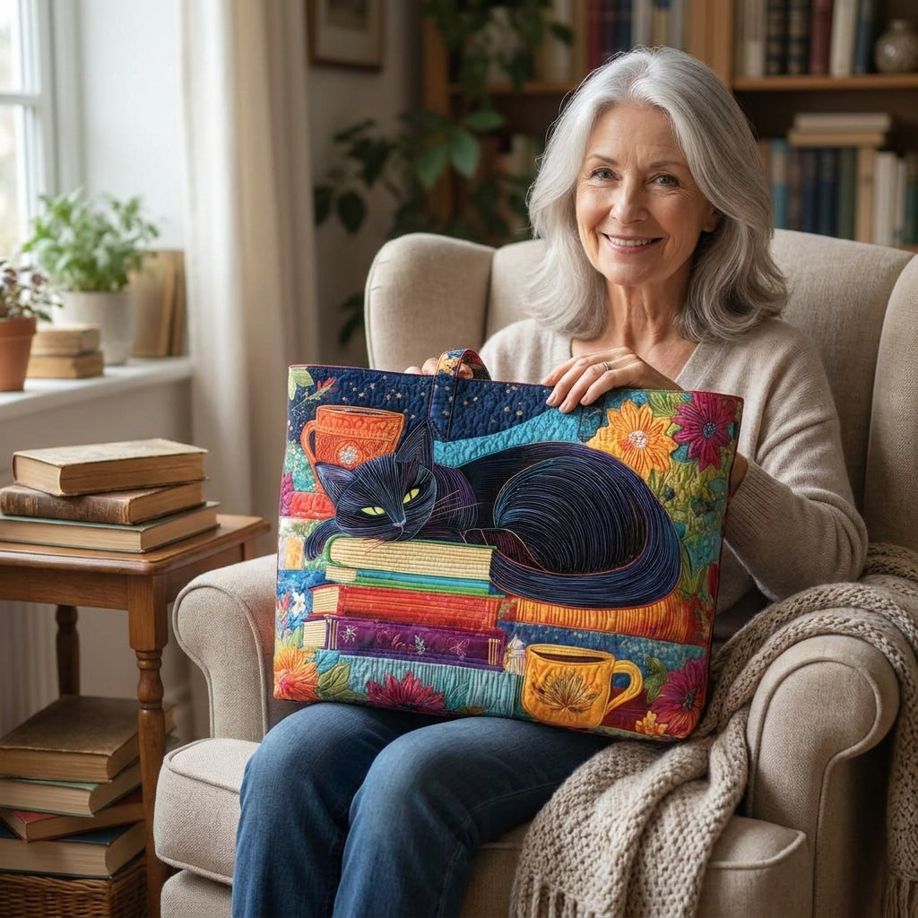 Quiltad väska – Svart katt med böcker och muggar