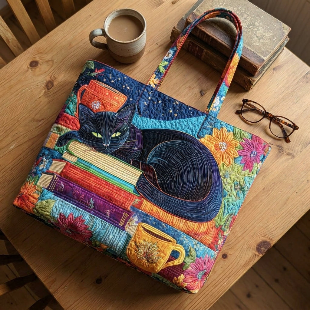 Quiltad väska – Svart katt med böcker och muggar