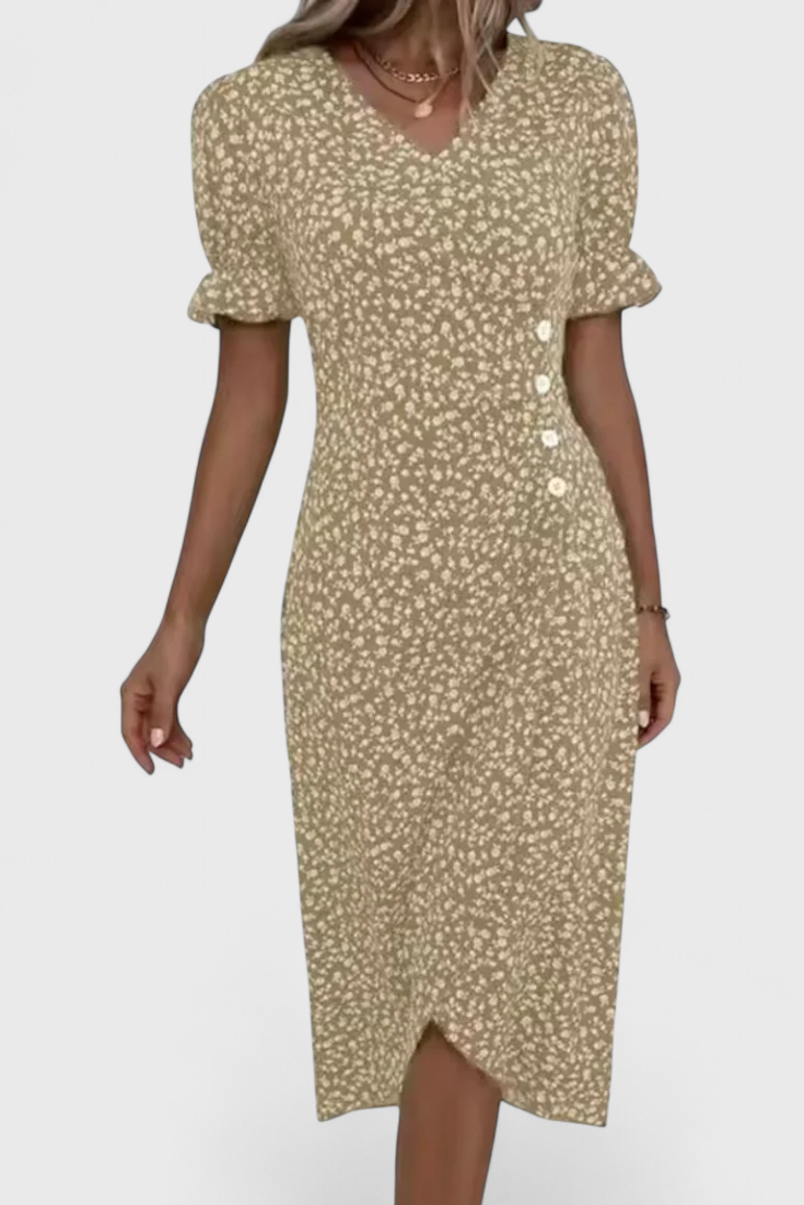 Vestido Midi Floral Joana con Escote en V y Mangas Cortas