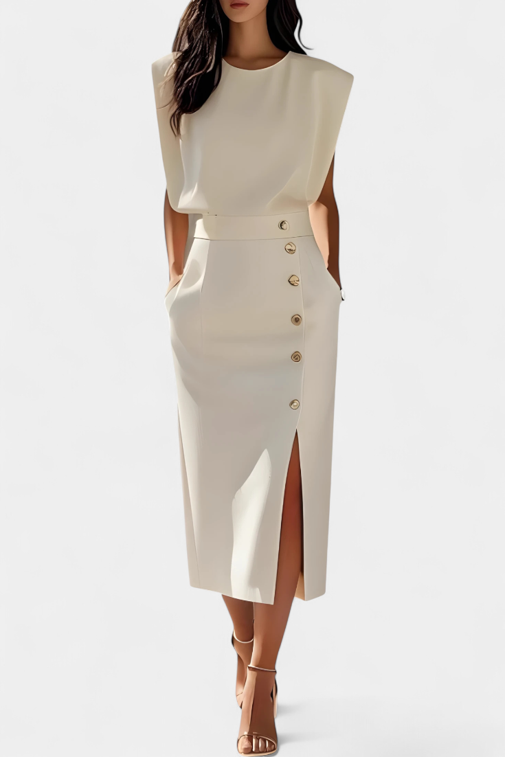Vestido Midi Ceecee con Mangas Largas y Botones Decorativos
