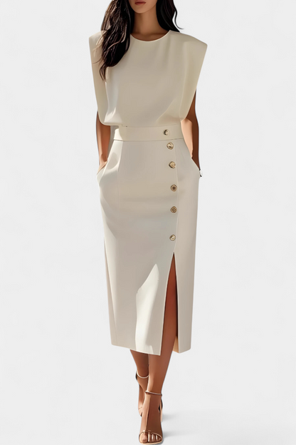 Vestido Midi Ceecee con Mangas Largas y Botones Decorativos