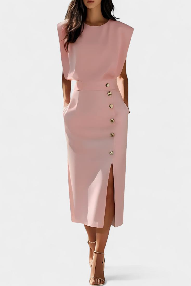Vestido Midi Ceecee con Mangas Largas y Botones Decorativos