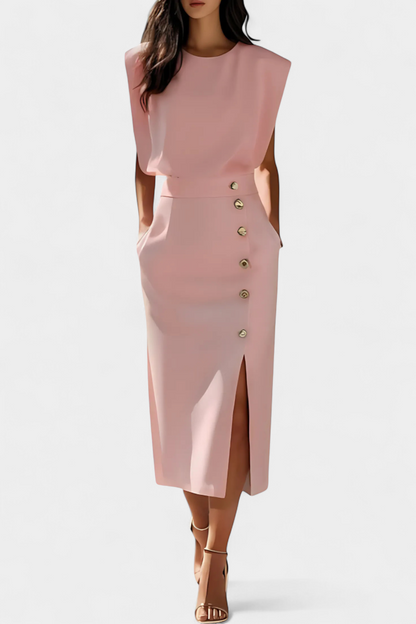 Vestido Midi Ceecee con Mangas Largas y Botones Decorativos