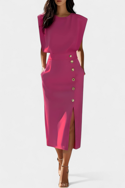 Vestido Midi Ceecee con Mangas Largas y Botones Decorativos