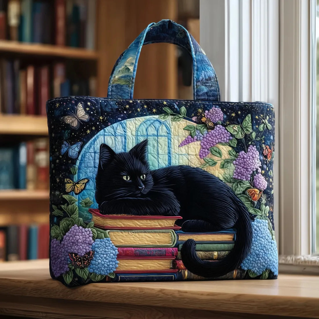 Quiltad väska – Svart katt på böcker