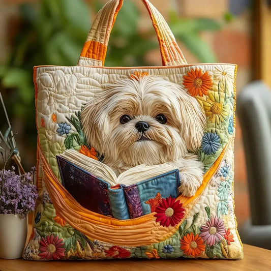 Quiltad väska – Shih tzu med böcker och blommor