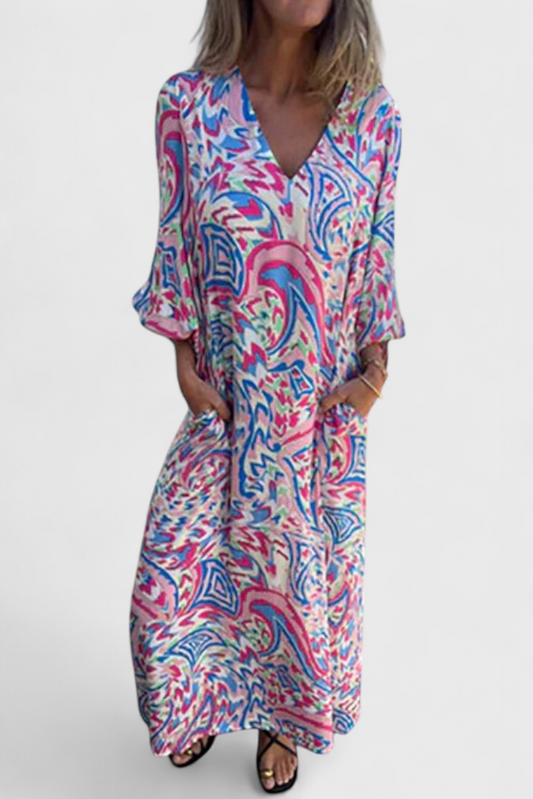 Vestido Maxi Bohemio Carmina con Escote en V y Estampado Abstracto