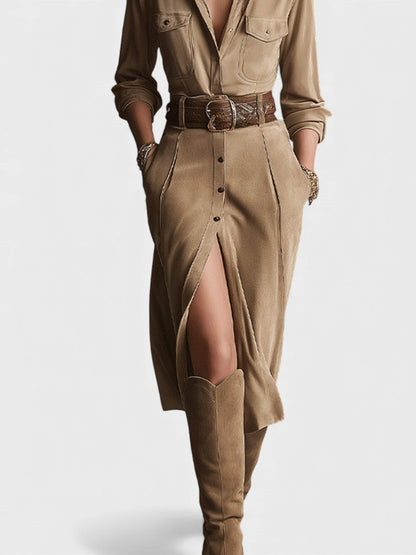 Adela™ | Vestido midi de gamuza marrón
