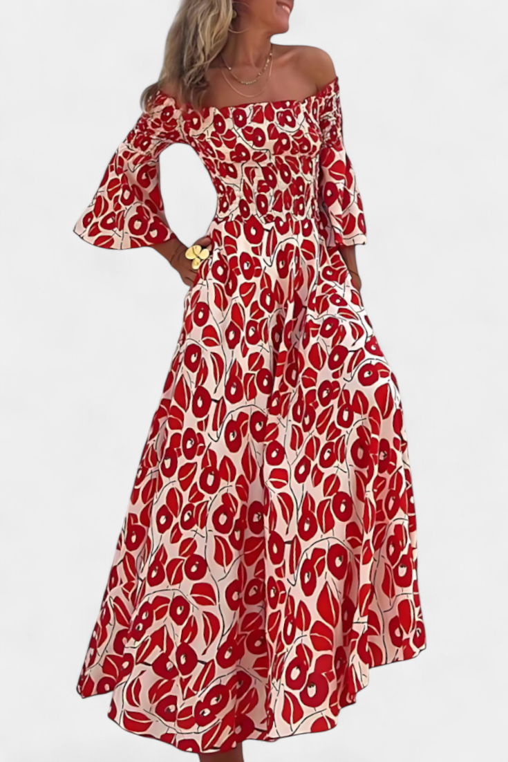 Vestido Floral del Mar con Hombros Descubiertos