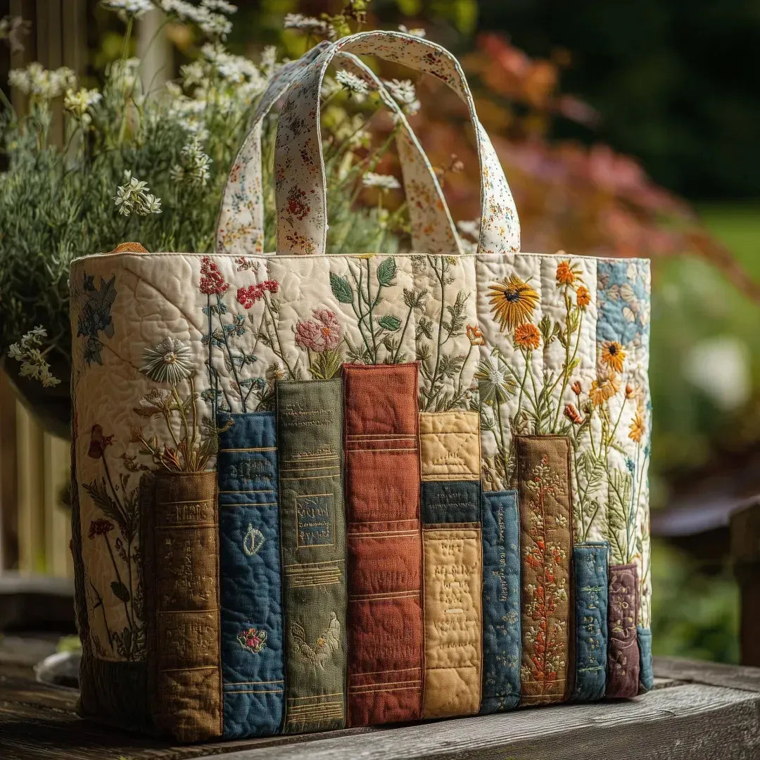 Quiltad väska – Böcker och blommor