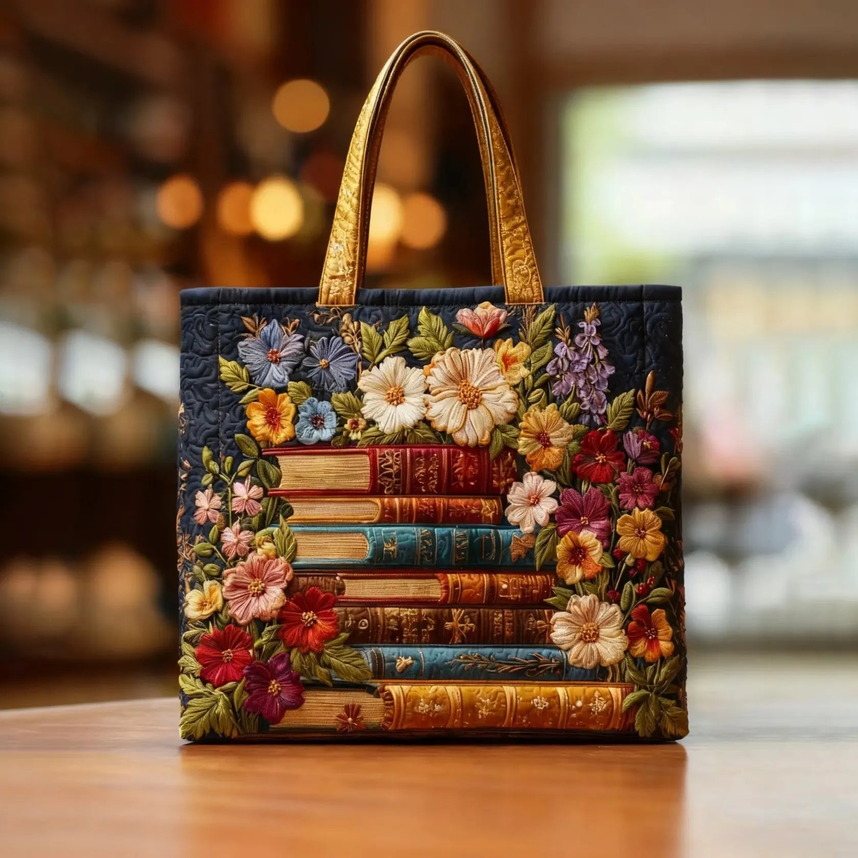 Quiltad väska – Blomstertryck och böcker