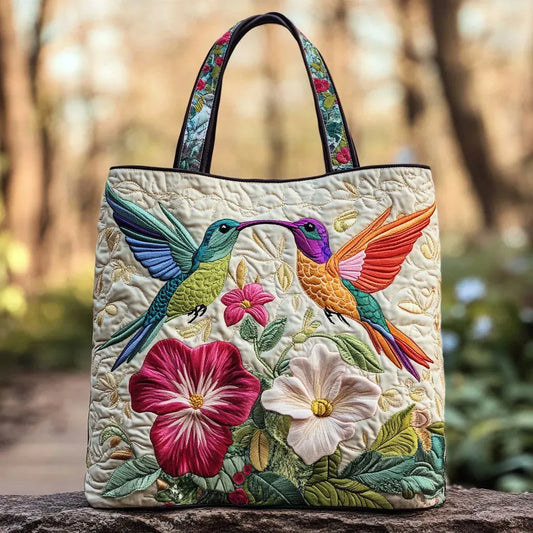 Quiltad väska – Kolibri och vita blommor