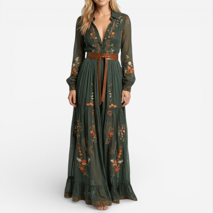 Lucía™ | Vestido maxi de manga larga con cinturón