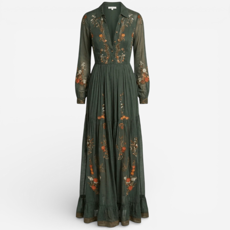 Lucía™ | Vestido maxi de manga larga con cinturón
