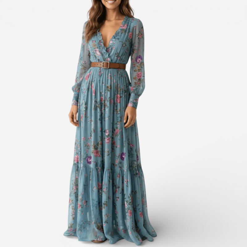 Lucía™ | Vestido maxi de manga larga con cinturón
