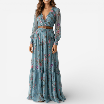 Lucía™ | Vestido maxi de manga larga con cinturón