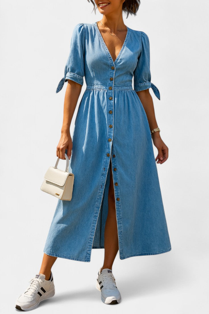 Vestido Midi Adelina de Denim con Botones y Escote en V