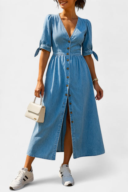 Vestido Midi Adelina de Denim con Botones y Escote en V