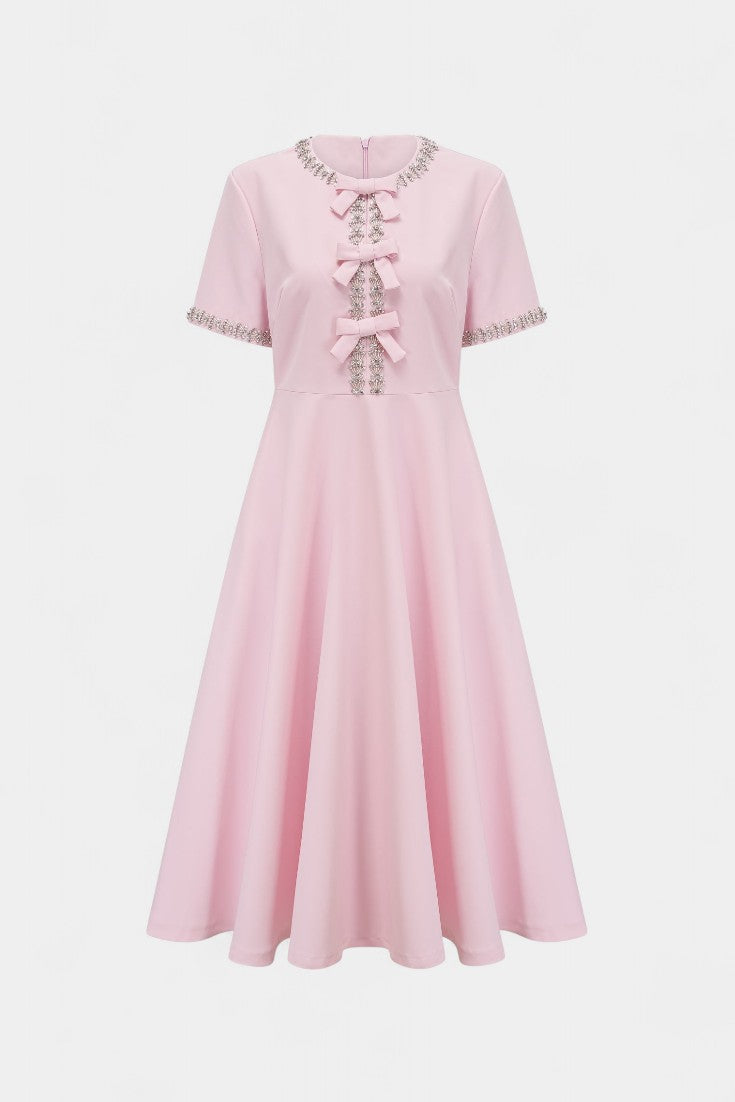 Vestido Midi Acampanado Linda con Lazo de Cristal y Detalles Elegantes