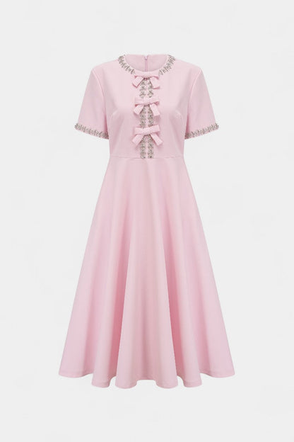 Vestido Midi Acampanado Linda con Lazo de Cristal y Detalles Elegantes