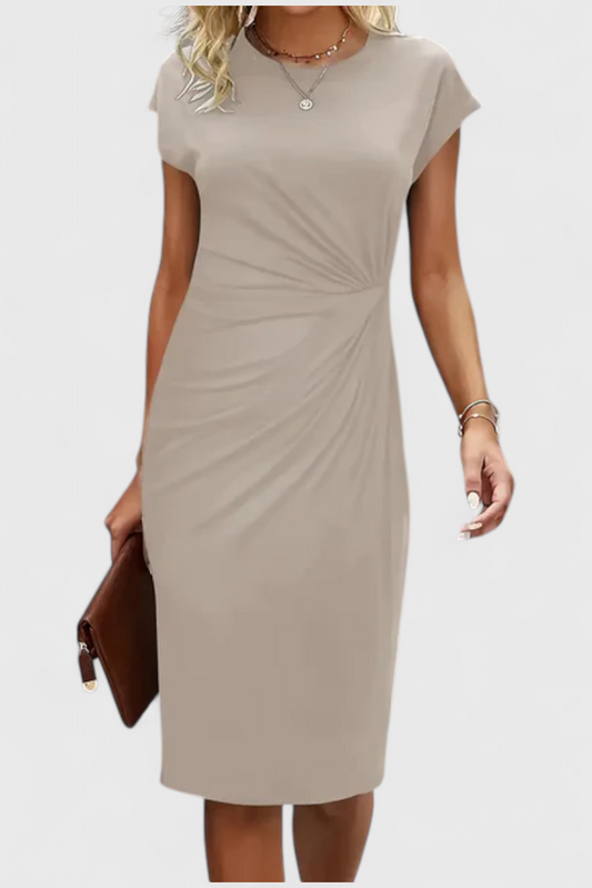 Vestido Midi Atemporal Katrina con Cuello Redondo y Detalle Drapado