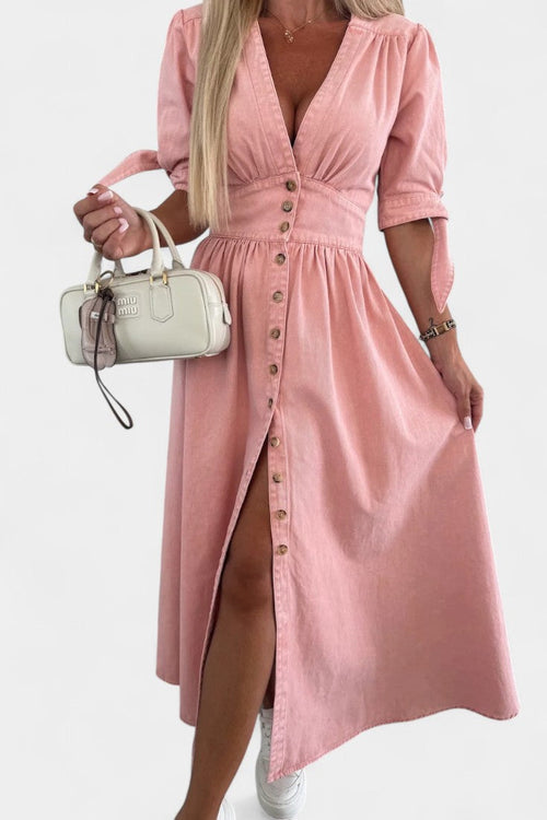 Vestido Midi Adelina de Denim con Botones y Escote en V