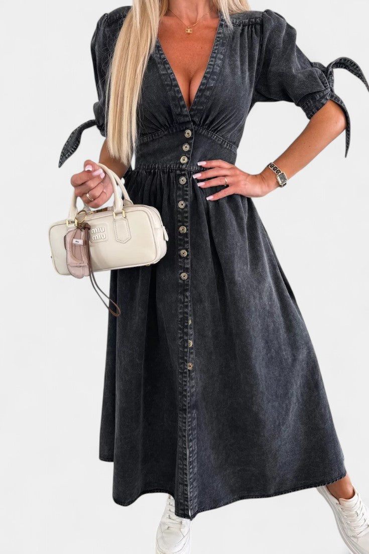 Vestido Midi Adelina de Denim con Botones y Escote en V