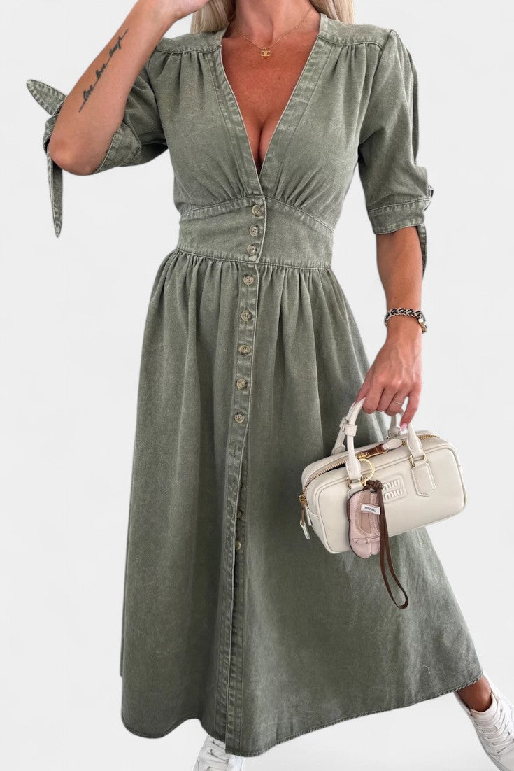 Vestido Midi Adelina de Denim con Botones y Escote en V