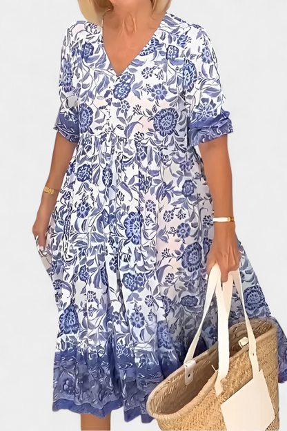 Vestido Floral Bohemio Elcira con Escote en V y Volantes
