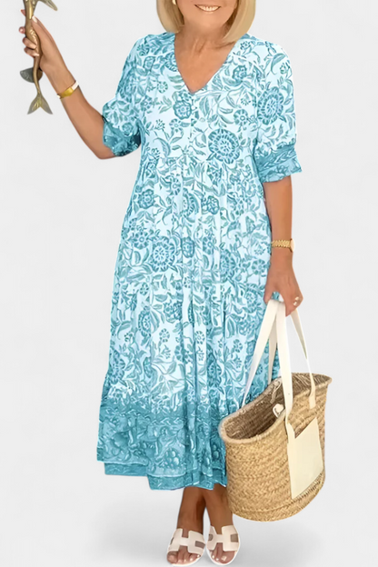 Vestido Floral Bohemio Elcira con Escote en V y Volantes