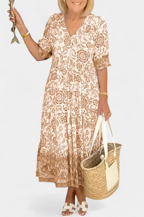 Vestido Floral Bohemio Elcira con Escote en V y Volantes