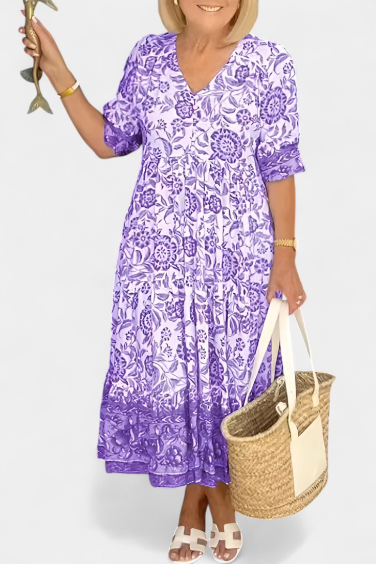Vestido Floral Bohemio Elcira con Escote en V y Volantes