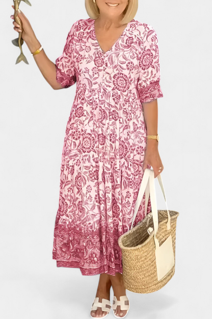 Vestido Floral Bohemio Elcira con Escote en V y Volantes