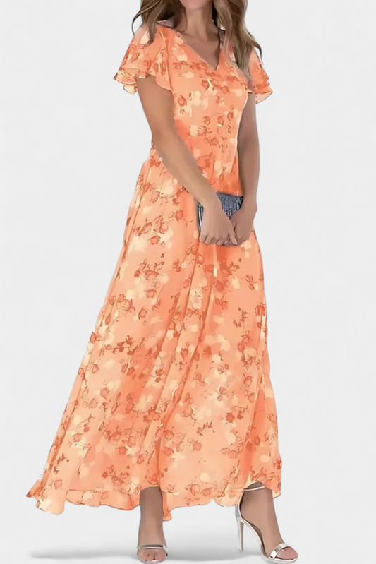 Vestido Maxi Floral Amara con Escote en V y Mangas de Volante