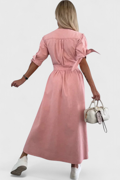 Vestido Midi Adelina de Denim con Botones y Escote en V