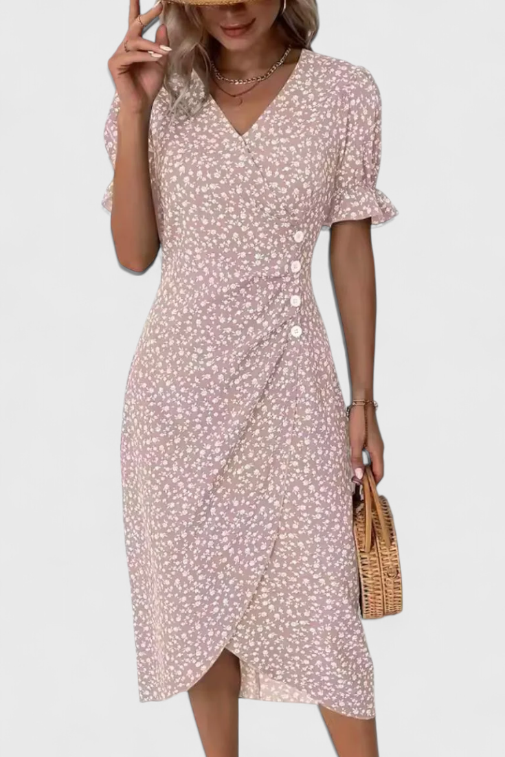 Vestido Midi Floral Joana con Escote en V y Mangas Cortas