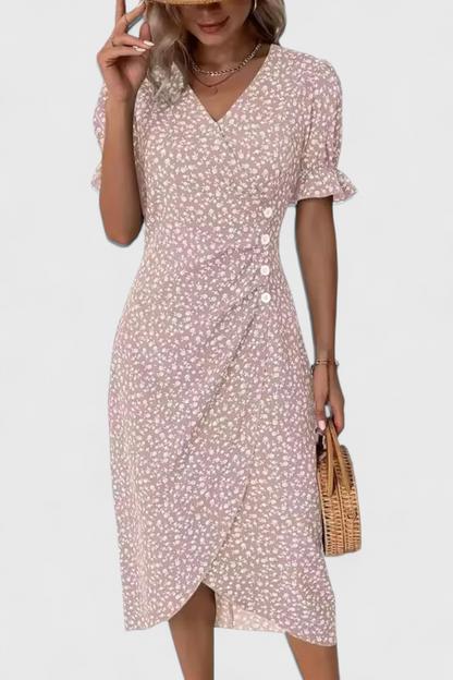 Vestido Midi Floral Joana con Escote en V y Mangas Cortas