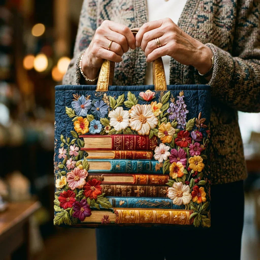 Quiltad väska – Blomstertryck och böcker