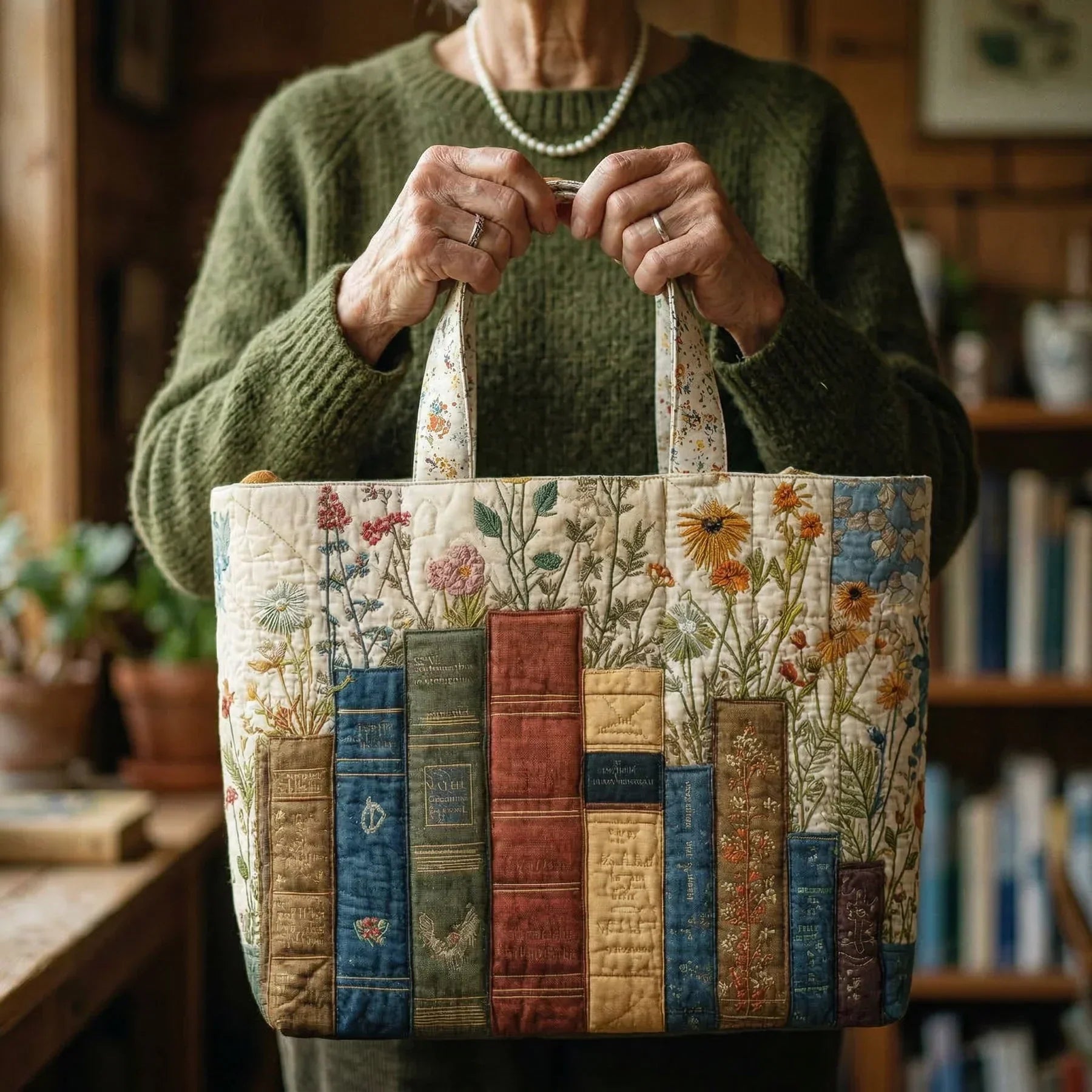 Quiltad väska – Böcker och blommor