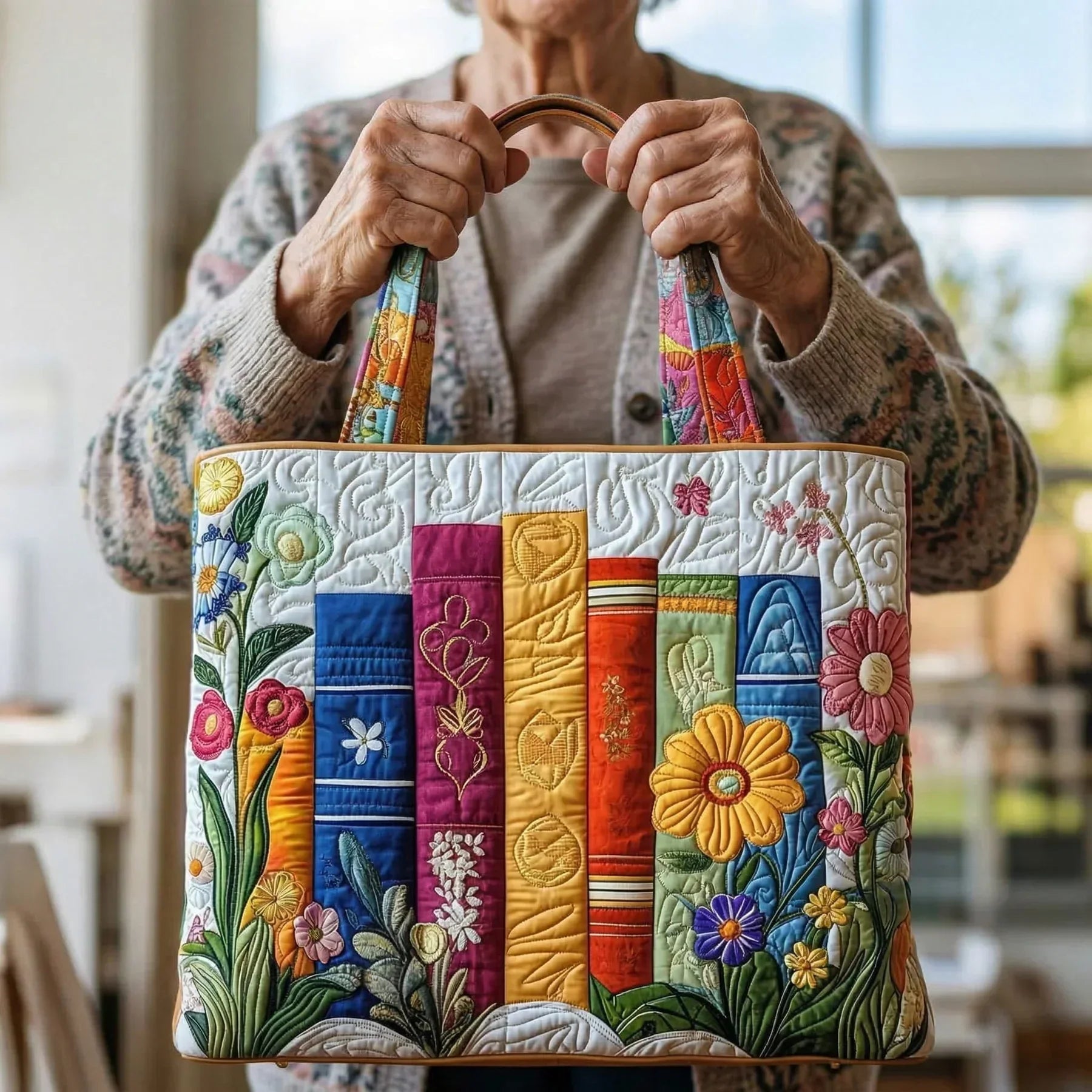 Quiltad väska – Blommigt bibliotek
