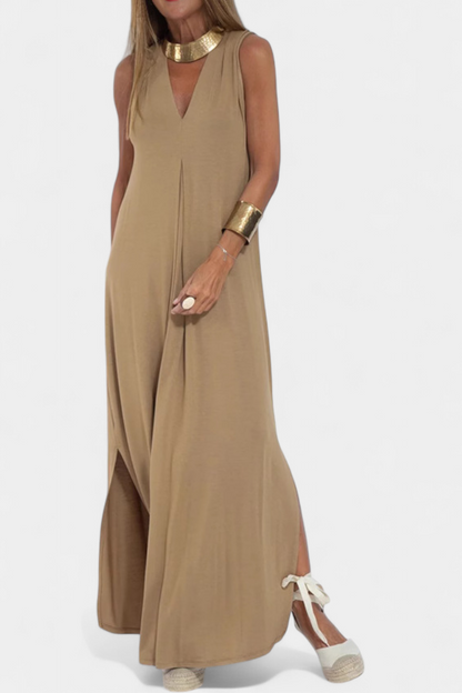 Vestido Maxi Felisa Sin Mangas en Color Sólido y Silueta Elegante