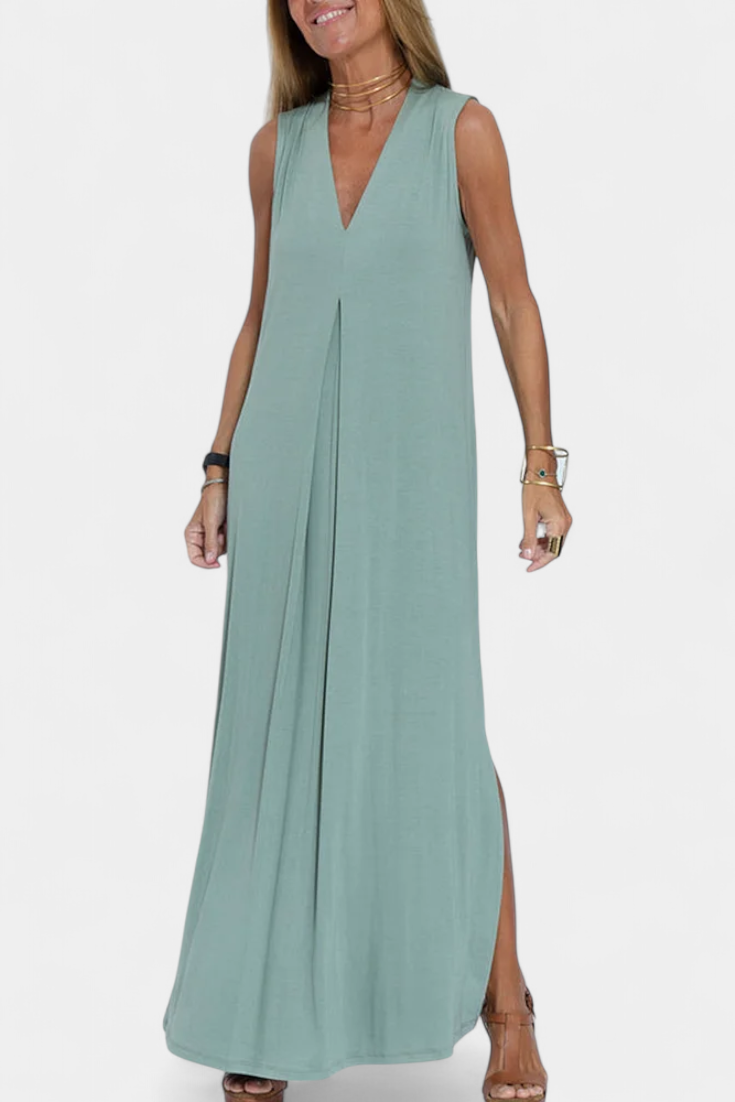 Vestido Maxi Felisa Sin Mangas en Color Sólido y Silueta Elegante