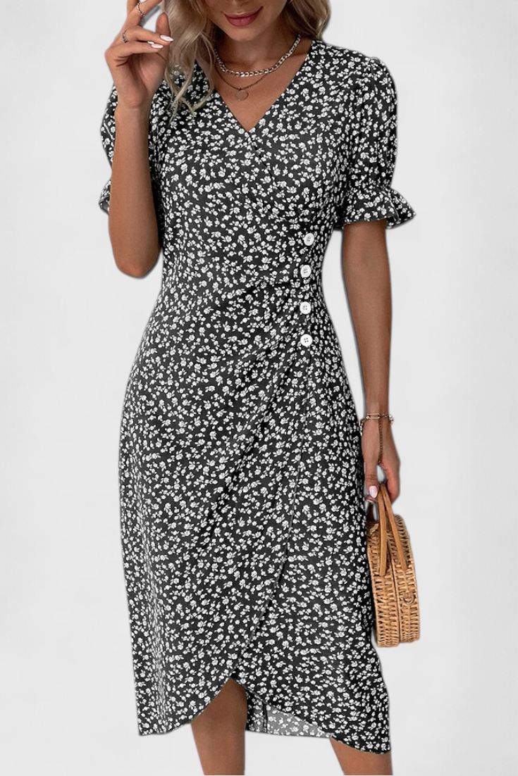 Vestido Midi Floral Joana con Escote en V y Mangas Cortas