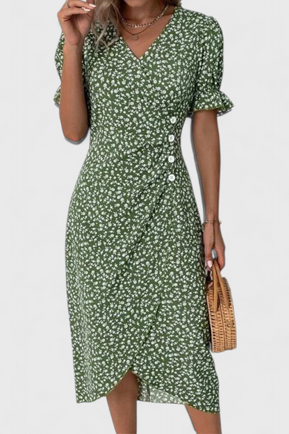 Vestido Midi Floral Joana con Escote en V y Mangas Cortas