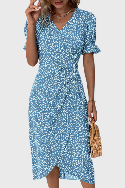 Vestido Midi Floral Joana con Escote en V y Mangas Cortas