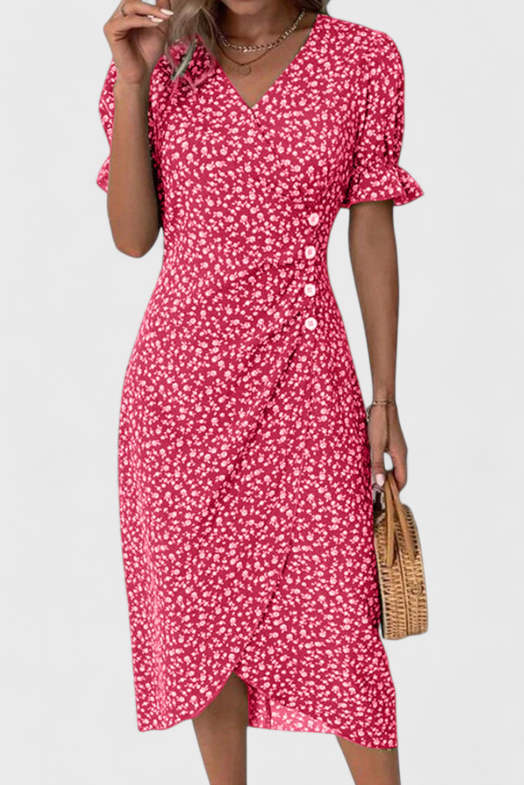 Vestido Midi Floral Joana con Escote en V y Mangas Cortas